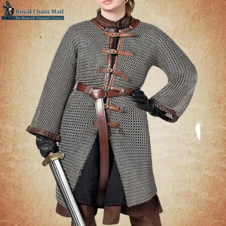 9mm Chainmail Hauberk Mild Steel: Medieval Viking front open Shirt, Half Sleeve