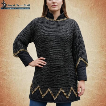 Chain mail Shirt: 9 MM Flat Brass Zig zag Border , Medieval Chainmail Shirt
