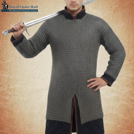 9mm Mild Steel Chainmail Hauberk – Flat Riveted Chainmail Armor – Medieval LARP Reenactment Costume